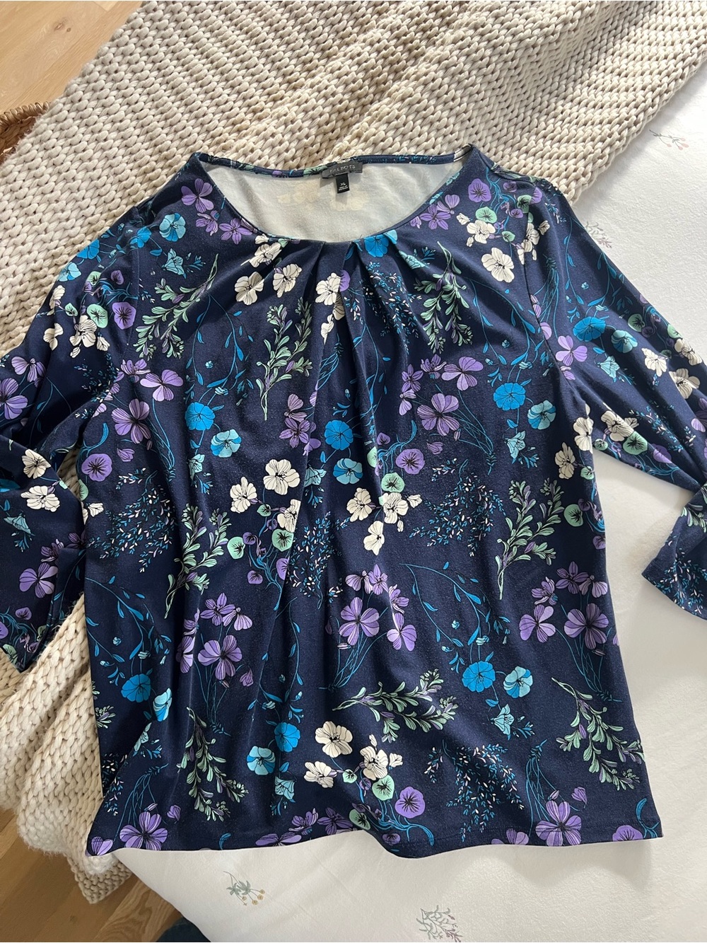 Talbots Navy Floral Pleat-Front Long Sleeve Top